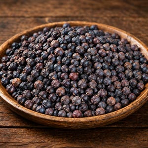 May include: A round wooden bowl filled with a large heap of dried, dark purple and black juniper berries. The berries are small, spherical, and have a textured, matte surface. The bowl has a smooth, polished finish and a warm brown tone.