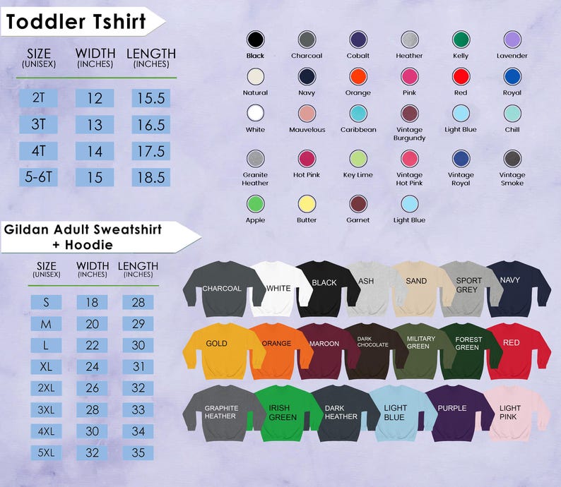 Puede incluir: Una tabla de tallas para camisetas de ni&ntilde;o peque&ntilde;o y sudaderas/sudaderas con capucha para adultos, que muestra anchos y largos en pulgadas. Las muestras de color incluyen negro, blanco, azul marino, rojo y m&aacute;s. El texto incluye "Toddler Tshirt" y "Gildan Adult Sweatshirt + Hoodie".