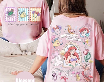 Camiseta de Flounder de la película La Sirenita con lazo coqueto, camiseta de doble cara con personajes de la princesa Ariel de Disney, camiseta con frases "Parte de tu mundo", viaje a WDW