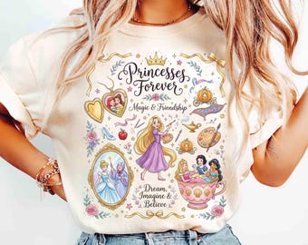 Camiseta Retro Princess Forever Comfort Colors, Camiseta de personajes de princesas Disney, Camiseta Disney Girl Trip, Camiseta a juego de princesa, Lindo cuento de hadas