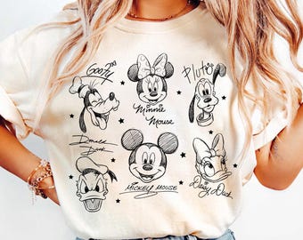 Retro Mickey and Friends Signatures Shirt, Vintage Disney Sketch Tee, Mickey & Co Baby Tee Crop Tank Top, Cute Disney Family Matching Trip