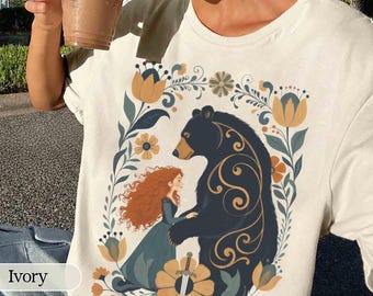 Retro Pixar Brave Flower T-Shirt, Disney Merida Princess & Elinor Queen Bear Tee, WDW Magic Kingdom Disneyland Family Vacation Trip Gifts