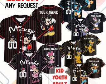 Camiseta de béisbol personalizada de Mickey, camiseta familiar de Disney personalizada con nombre y número para niños, jóvenes y adultos.