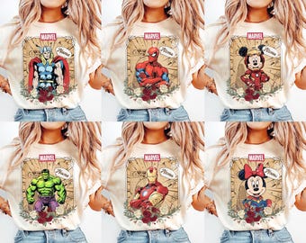 Retro Superhero Characters Custom Shirt, Family Matching Theme Park Tee, Cartoon Hero Costume Tee, Comic Style Graphic Tee Gift Idea Outfit