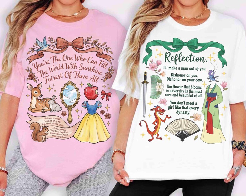 May include: Two t-shirts, one pink and one white, each with a colorful graphic design. The pink shirt features a fairytale theme with text, a deer, and an apple. The white shirt has a quote and illustrations.