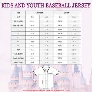 Puede incluir: Tabla de tallas para camisetas de b&eacute;isbol para ni&ntilde;os y j&oacute;venes. La tabla incluye medidas en cm y pulgadas para el pecho y la longitud, desde 6 meses hasta juvenil grande. Un diagrama de camiseta ilustra los puntos de medici&oacute;n.