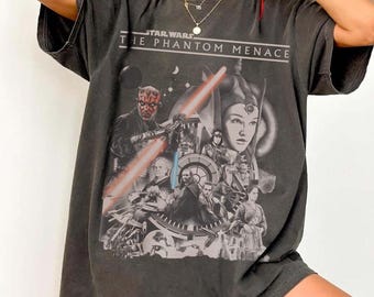 Camiseta retro de Star Wars: La Amenaza Fantasma, camisetas de Star Wars para viajes familiares, camiseta "Que la Fuerza te acompañe", camiseta de Galaxy Edge Hollywood.