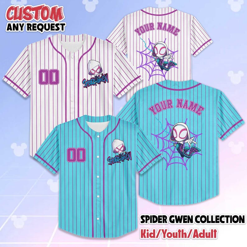 Puede incluir: Camisetas de b&eacute;isbol con rayas finas en blanco y turquesa, con el logotipo de Spider-Gwen y la opci&oacute;n de personalizar con un nombre y un n&uacute;mero. Las camisetas est&aacute;n disponibles en tallas para ni&ntilde;os, j&oacute;venes y adultos.