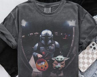 Vintage Star Wars Halloween Shirt, Mando & Baby Yoda Gildan Youth Tee, Disney Meme Graphic Tee, Hip Hop Trip Wear, Star Wars Gift