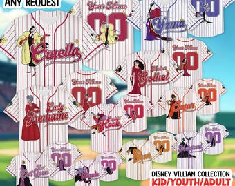 Colección de béisbol personalizada de villanos de Disney para Halloween, camiseta de béisbol personalizada de Maléfica, Reina Malvada, Úrsula y Cruella para la familia en Halloween.
