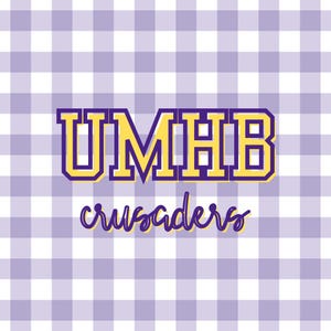 May include: A square graphic design featuring a light purple and white gingham check pattern. Centered is the text UMHB in bold yellow block letters with a dark purple outline, followed by the word crusaders in a yellow cursive script font.