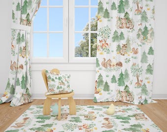 Rideaux chambre d'enfant aquarelle animaux de la forêt, rideaux chambre bébé garçon