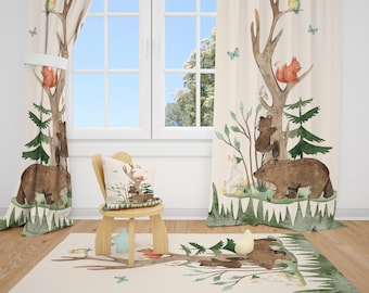 Rideaux chambre d'enfant aquarelle animaux de la forêt, rideaux chambre bébé garçon