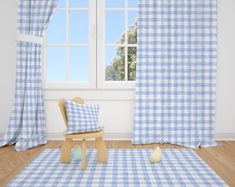 Watercolor Blue Gingham Nursery Curtains Baby Boy Room Curtains