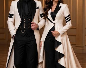 May include: A long cream-coloured coat with black lapels and black sleeve stripes worn over a black waistcoat, shirt and trousers, paired with a matching cream-coloured coat with a long train and black lapels worn over a black top and trousers.