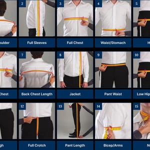 Op de afbeelding: Afbeeldingen die laten zien hoe je het lichaam kunt meten voor kleding. Metingen zijn onder meer volledige schouder, volledige mouwen, volledige borst, taille/buik, heupen, borst voor, ruglengte, jas, taille broek, lage heup voor broek, dij, kruis, broeklengte, biceps/armen en nek.