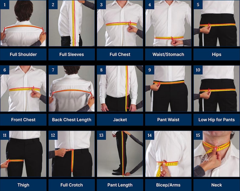 Op de afbeelding: Afbeeldingen die laten zien hoe je het lichaam kunt meten voor kleding. Metingen zijn onder meer volledige schouder, volledige mouwen, volledige borst, taille/buik, heupen, borst voor, ruglengte, jas, taille broek, lage heup voor broek, dij, kruis, broeklengte, biceps/armen en nek.