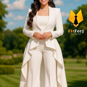 Op de afbeelding: Een vrouw in een witte broekpak met een lange, vloeiende jas. Het pak heeft een vierkante halslijn en een getailleerde pasvorm. De achtergrond is een park met groene bomen en een blauwe lucht. Het logo "FitForj Design Made 4 You" is zichtbaar.