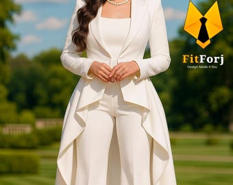 Elegant Women’s White Long-Tail Blazer Pant Suit | Wedding, Reception, Party & Business Wear