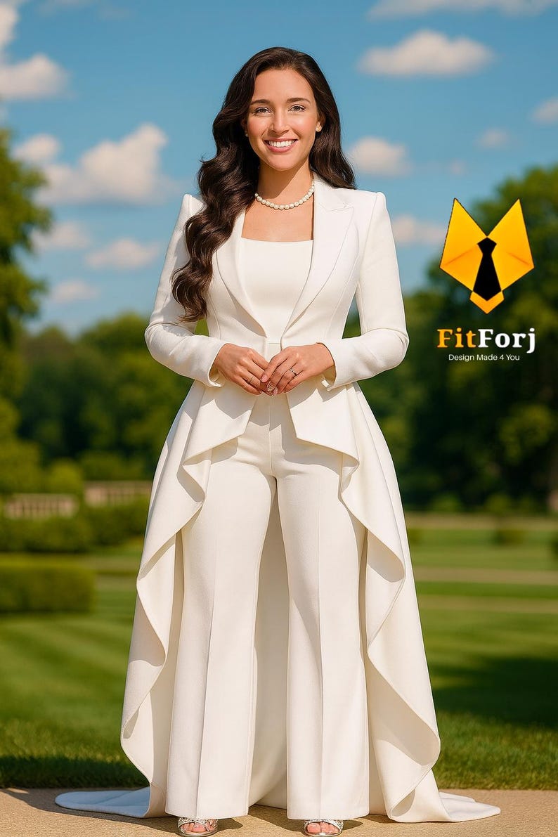 Op de afbeelding: Een vrouw in een witte broekpak met een lange, vloeiende jas. Het pak heeft een vierkante halslijn en een getailleerde pasvorm. De achtergrond is een park met groene bomen en een blauwe lucht. Het logo "FitForj Design Made 4 You" is zichtbaar.