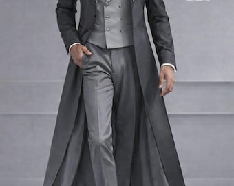 Men’s Luxury Grey Tuxedo Tailcoat Suit – Crystal Lapel Long Wedding Coat