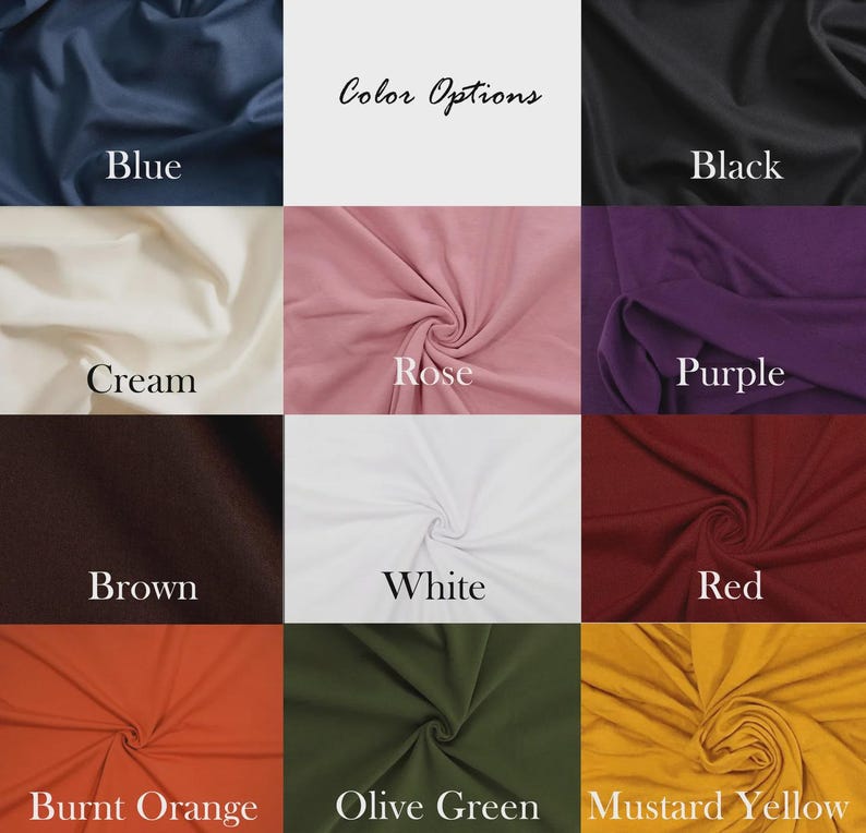 Op de afbeelding: Een kleurenkaart met stofstalen in verschillende kleuren. De stalen omvatten blauw, zwart, cr&egrave;me, roze, paars, bruin, wit, rood, verbrand oranje, olijfgroen en mosterdgeel. De tekst "Color Options" staat bovenaan.