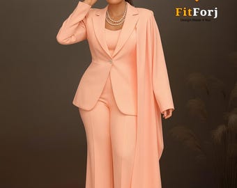 Women’s Peach 3-Piece Pant Suit | Elegant Blazer, Cape Style Jacket & Trousers