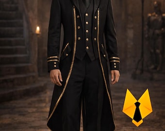 Men’s Royal Black Gothic Tailcoat Suit – Victorian Long Coat with Gold Buttons | Luxury Groom Wedding Outfit