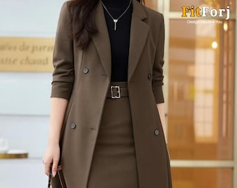 Women’s Brown Blazer Skirt Set – Elegant Office Outfit | Long Double-Breasted Coat & High-Waist Skirt