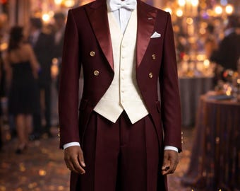 Men’s Burgundy Tuxedo Tailcoat Suit | Luxury Wedding Groom Outfit | Double-Breasted Formal 3-Piece Set with Vest & Bow Tie