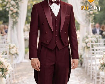 Men’s Burgundy Wedding Tuxedo Tailcoat | Luxury Groom 3-Piece Suit with Vest & Bow Tie | Formal Double-Breasted Wedding Outfit