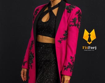 Women’s Pink Embroidered Long Coat | Floral Black Applique Coat