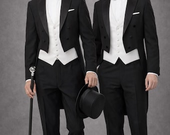 Men’s Black White Tailcoat Tuxedo | Classic Morning Suit | Formal Wedding Groom Outfit | Double Breasted Tailcoat