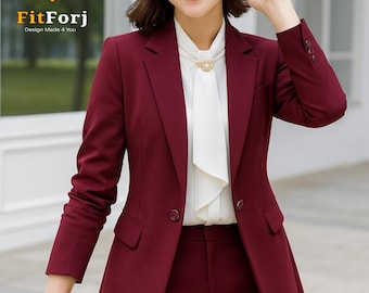 Women's Maroon Pant Suit Set | Elegant Business Suit | 2-Piece Blazer & Trousers