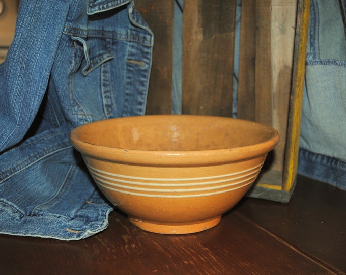 Antique Yellow Ware Bowl With White Stripes Etsy
