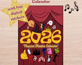 Printable 2026 Calendar Musical Theatre with free stickers Digital Planner for Broadway Lovers