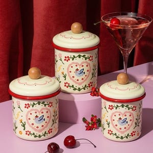 Ensemble de bocaux en émail de style vintage, motif floral, cœur et oiseau peint à la main, bocaux de rangement pour la cuisine
