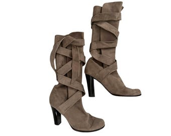 Botas altas de ante con tiras envolventes, color topo, talla 40 - Vintage