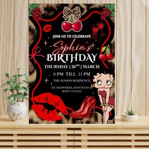 Black Red Glam Birthday Invitation Template | Luxury Noir Party Card | Editable Canva Invite image 3