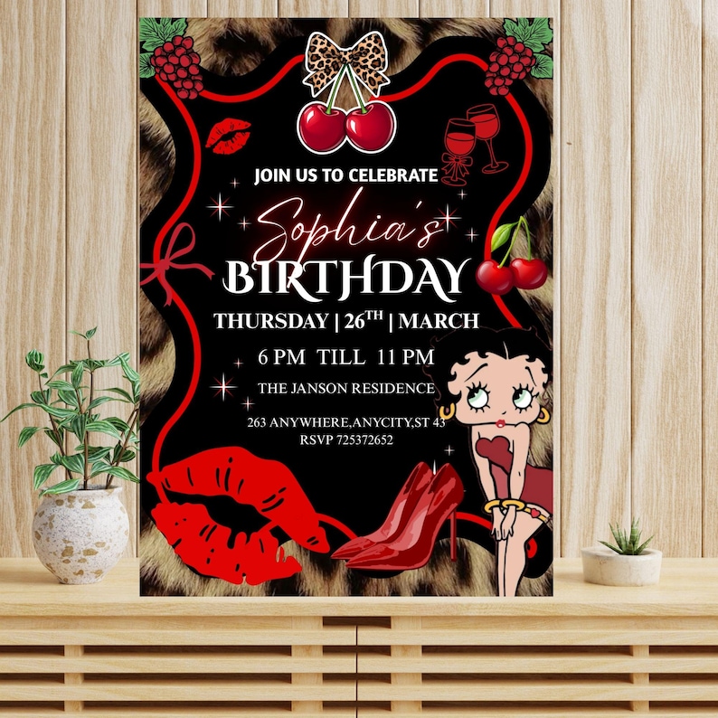Black Red Glam Birthday Invitation Template | Luxury Noir Party Card | Editable Canva Invite image 3