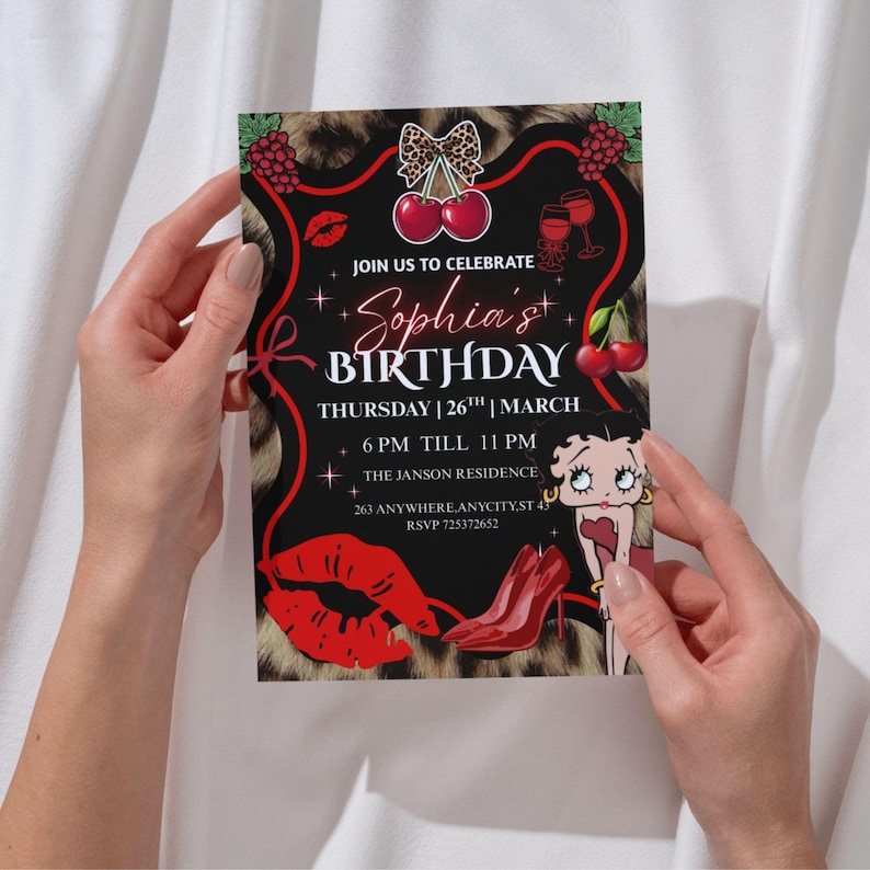 Black Red Glam Birthday Invitation Template | Luxury Noir Party Card | Editable Canva Invite image 2