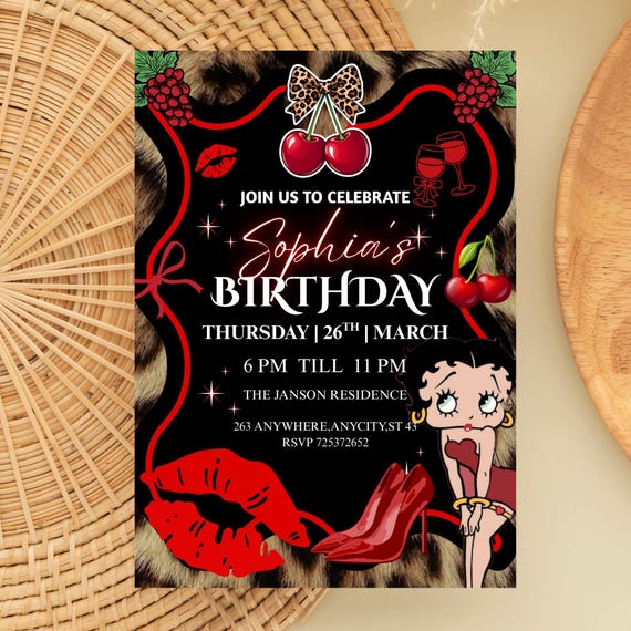 Black Red Glam Birthday Invitation Template | Luxury Noir Party Card | Editable Canva Invite