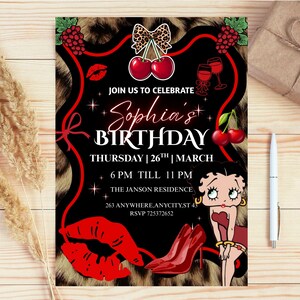 Black Red Glam Birthday Invitation Template | Luxury Noir Party Card | Editable Canva Invite image 4