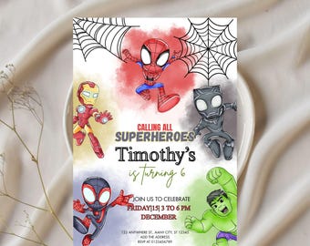 Watercolor Spidey and Friends Birthday Invitation | Editable Superhero Party (Instant Download)