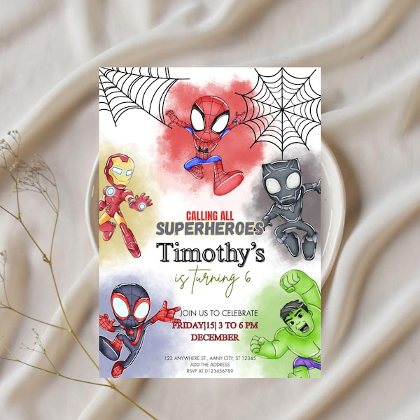 Może przedstawiać: Zaproszenie urodzinowe z ilustracjami superbohaterów Spider-Mana, Iron Mana, Black Panthera, Hulka i Milesa Moralesa. Zaproszenie zawiera tekst "Calling All Superheroes" oraz szczegóły przyjęcia z okazji 6. urodzin Timothy'ego.