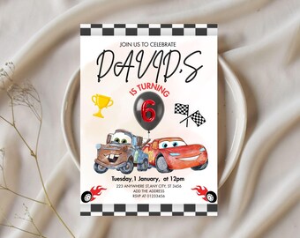 May include: A birthday invitation featuring the text "DAVID.S IS TURNING 6". The design includes illustrations of cartoon cars, a trophy, checkered flags, and a black balloon with the number 6. The invitation also includes the date, time, and address.