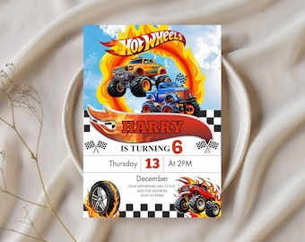 Monster Truck Birthday Invitation, Racing Cars, Editable in Canva