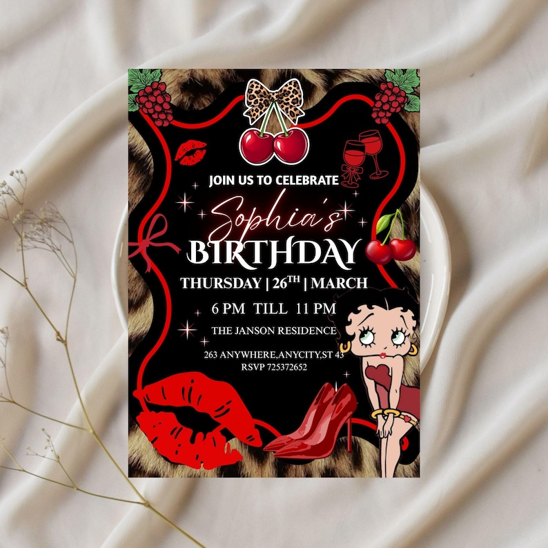 Black Red Glam Birthday Invitation Template | Luxury Noir Party Card | Editable Canva Invite image 9