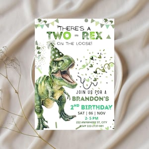 Faire-part d'anniversaire dinosaure TWO-REX, fête dinosaure modifiable (modèle de toile)