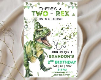 Dinosaur TWO-REX Birthday Invitation, Editable Dino Party (Canva Template)
